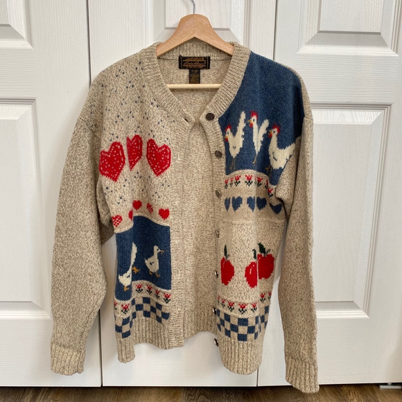 Eddie Bauer Vintage Country Wool Cardigan Sweater Size L Hearts Geese Apples - Picture 2 of 16